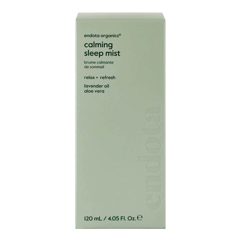Endota Organics Calming Sleep Mist in a light sage green rectangular box, featuring black text and a subtle vertical brand name on the front.