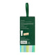 Back view of Good Hair gift packaging, showing a dark green box with a matching hanging loop, product text, a small tube icon, and a wooden comb illustration. The box has a striped multicolor base at the bottom and is photographed on a white background.