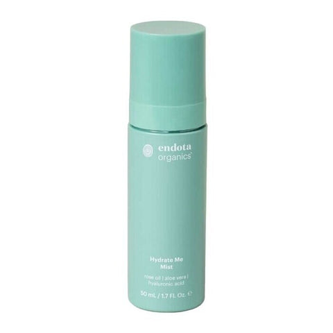 50ml Hydrate Me Mist in a pale sea green travel-friendly spray bottle. Rose oil, aloe vera & hyaluronic acid formula. 