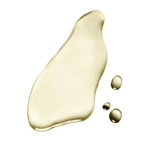 Ere Perez Australian Blue Cypress Face Nectar 30ml texture shot, a pool of pale golden oil with small drops, close up on a plain white background