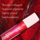 Red lip tint with white cap on a red background, featuring text about product benefits.