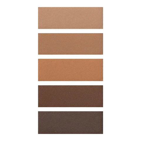 Five horizontal eyeshadow swatches in warm neutral and brown shades, arranged vertically on a white background.