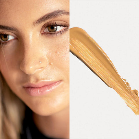 Ere Perez Oat Milk Foundation Caramel lifestyle split image of a woman with warm skin beside a swatch of golden tan foundation