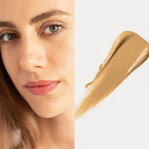Ere Perez Oat Milk Foundation Chai lifestyle split image of a woman with light skin beside a swatch of golden beige foundation