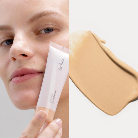 Ere Perez Oat Milk Foundation Honey lifestyle split image of a woman holding the tube beside a swatch of light beige foundation