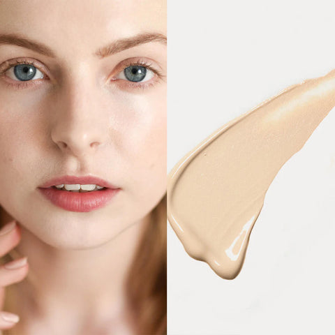 Ere Perez Oat Milk Foundation Latte lifestyle split image of a woman with light skin beside a swatch of pale cream foundation
