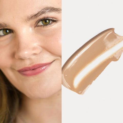 Ere Perez Oat Milk Foundation Malt lifestyle split image of a woman with light skin beside a swatch of warm beige foundation, face cropped