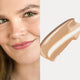 Ere Perez Oat Milk Foundation Malt lifestyle split image of a woman with light skin beside a swatch of warm beige foundation, face cropped