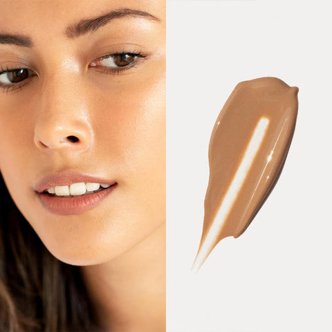 Ere Perez Oat Milk Foundation Maple lifestyle split image of a woman with warm skin beside a swatch of tan foundation, face cropped