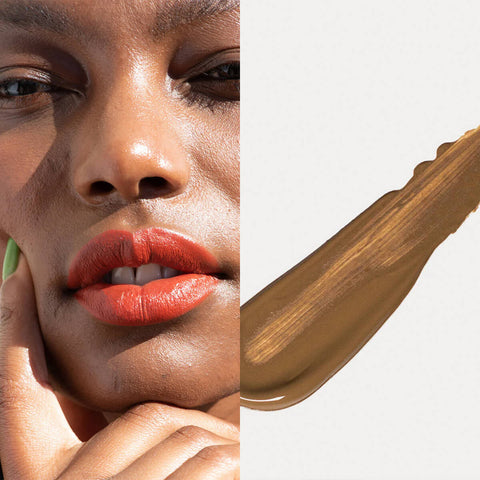 Ere Perez Oat Milk Foundation Mocha lifestyle split image of a woman with deep skin beside a swatch of bronze foundation, face cropped