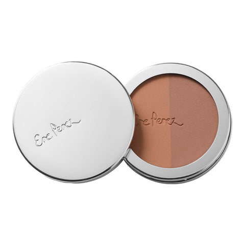 Ere Perez Rice Powder Blush & Bronzer Roma 9g, an open round compact with its lid showing a two tone terracotta and bronze powder, front view on white