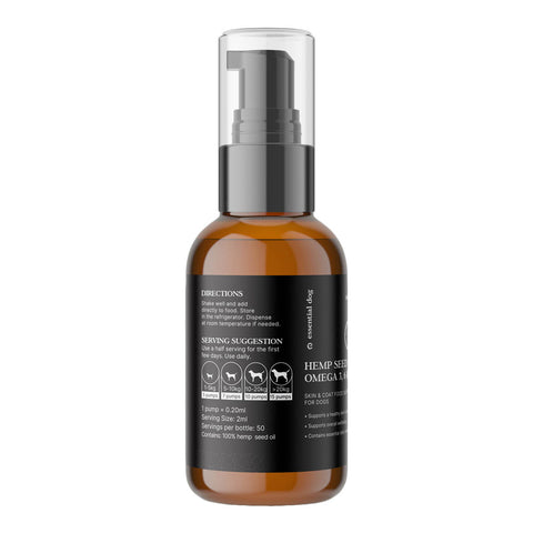 Essential Dog Hemp Seed Oil for Dogs Omega Food Supplement 100ml amber bottle turned to show the back label with small print and icons on white