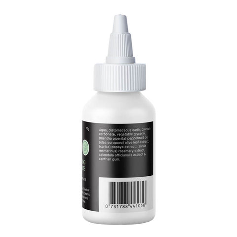 Essential Dog Herbal Dog Toothpaste Peppermint, Papaya & Rosemary 70g white bottle turned to show the side of the label with a barcode on white
