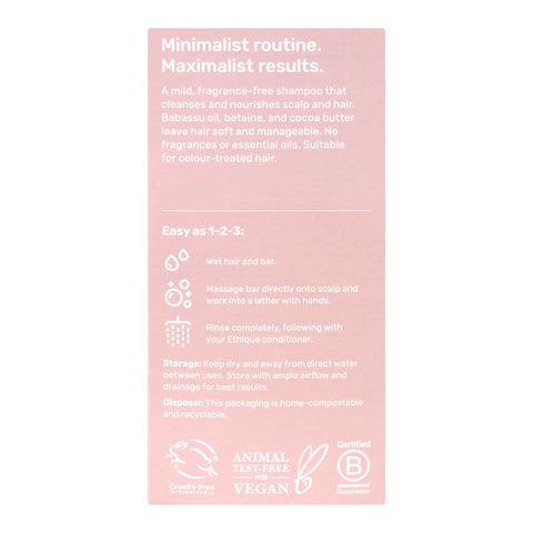 Back of Ethique Gentle Solid Shampoo Fragrance-Free 110g box, showing description and directions.