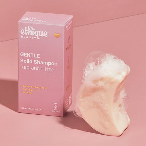 Ethique Gentle Solid Shampoo Fragrance-Free 110g box with foaming white bar.