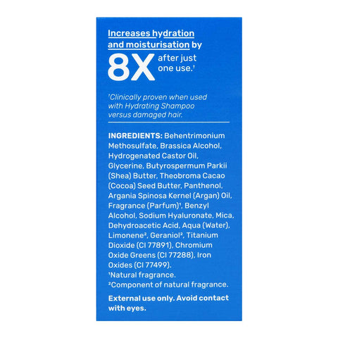 Left side of Ethique Hydrating Solid Conditioner for Dry Hair 60g box, showing ingredients.