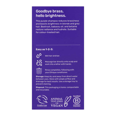 Back of Ethique Purple Solid Shampoo for Blonde and Grey Hair 110g box, showing description and directions.