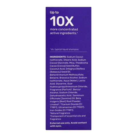 Left side of Ethique Purple Solid Shampoo for Blonde and Grey Hair 110g box, showing ingredients.