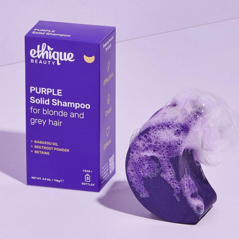 Ethique Purple Solid Shampoo for Blonde and Grey Hair 110g box with foaming purple bar.