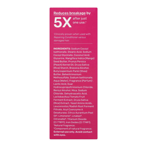 Left side of Ethique Repairing Solid Shampoo for Damaged Hair 110g box, showing ingredients.