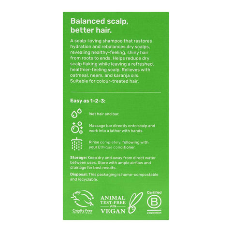 Back of Ethique Scalp Health Solid Shampoo for Dry, Flaky Scalps 110g box, showing description and directions.