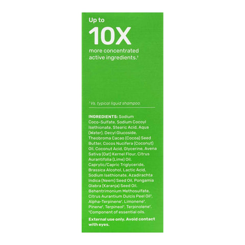 Left side of Ethique Scalp Health Solid Shampoo for Dry, Flaky Scalps 110g box, showing ingredients.