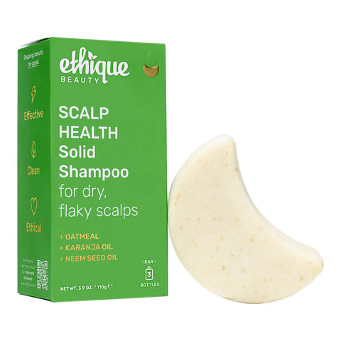 Ethique Scalp Health Solid Shampoo for Dry, Flaky Scalps 110g box next to white bar.