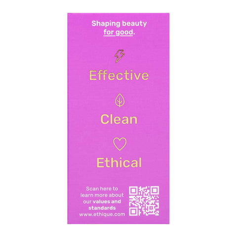 Right side of Ethique Smoothing Solid Shampoo for Frizzy Hair 110g box, showing product highlights.