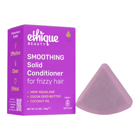 Ethique Smoothing Solid Conditioner for Frizzy Hair 60g box with lilac-coloured bar.