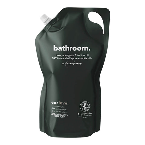 1L refill bag of Euclove Natural Bathroom & Mould Cleaner with eucalyptus, clove and tea tree oil.