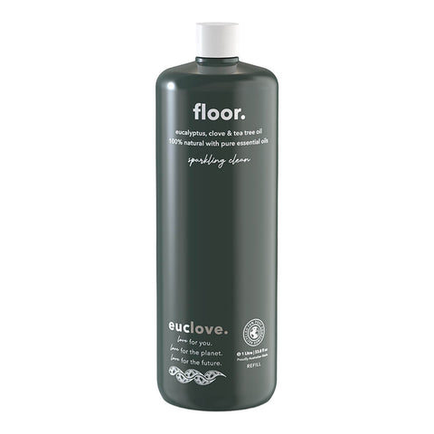 1L refill bottle of Euclove Natural Floor Cleaner with eucalyptus, clove, and tea tree oil.