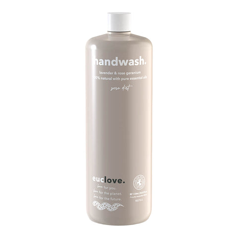 1L refill bottle of Euclove Natural Hand Wash in Lavender & Rose Geranium scent.