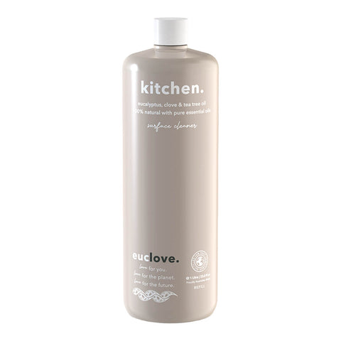 1L refill bottle of Euclove Natural Kitchen Cleaner with eucalyptus, clove, and tea tree oil.