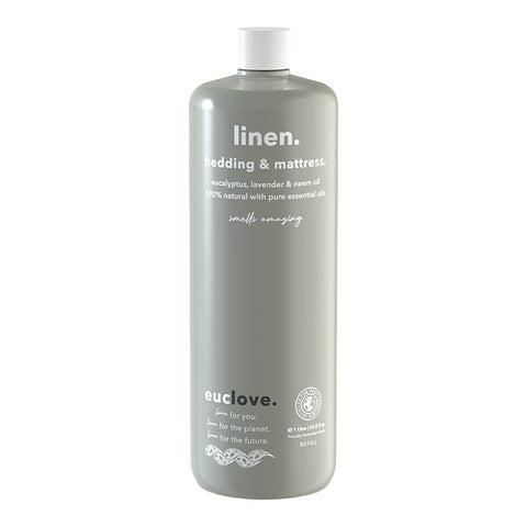1L refill bottle Euclove Natural Linen & Bedding Spray with eucalyptus, lavender, and neem oil to protect against bed bugs, lice, and mites.