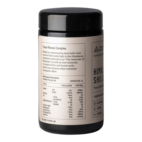 Left side view of 100g jar Evolution Botanicals Himalayan Shilajit powder supplement. Showing nutritional information.