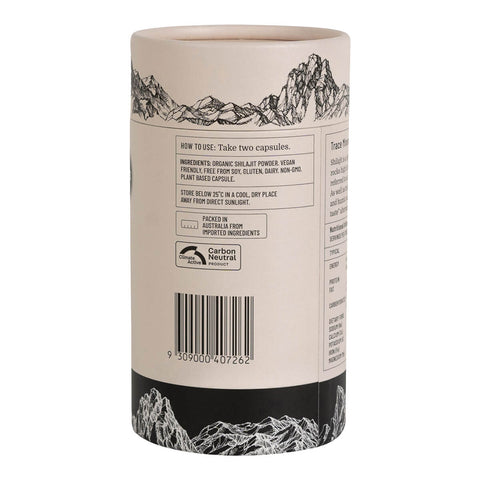 Left side view of Evolution Botanicals Himalayan Shilajit 120 capsules, showing instructions and ingredients.
