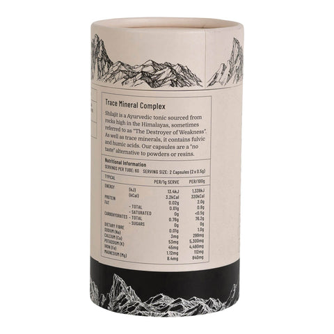 Right side view of Evolution Botanicals Himalayan Shilajit 120 capsules, showing nutritional information.