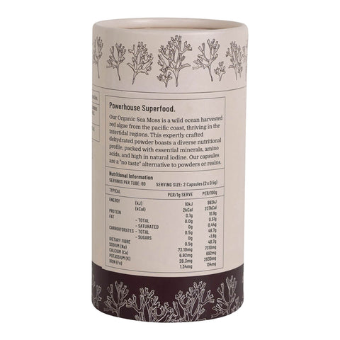 Left side view of Evolution Botanicals Organic Sea Moss 120 capsules, showing nutritional information.