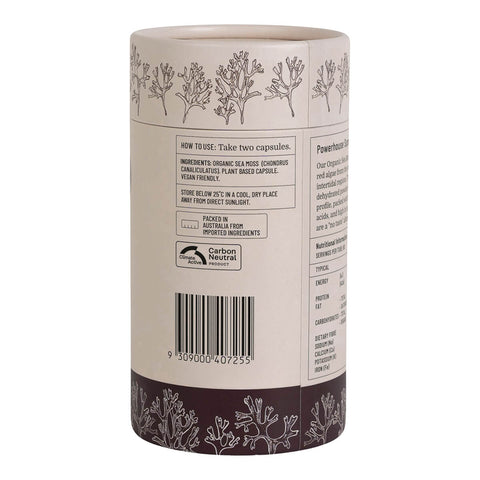 Right side view of Evolution Botanicals Organic Sea Moss 120 capsules, showing instructions and ingredients.