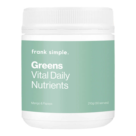 Tub of 210g of Frank Simple Greens Vital Daily Nutrients in Mango & Papaya flavour, a super greens powder with mushrooms, prebiotic fibre, and digestive enzymes to support general well-being.