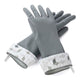 Gray gloves with geometric patterned cuffs on a white background