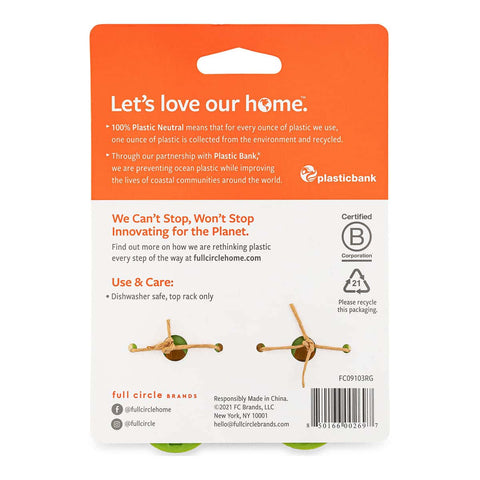 Full Circle Suds Up Dish Brush Refill 2 pack card pack turned to show the back with an orange panel, icons and small print on a plain white background
