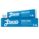 Grants Fresh Mint Natural Toothpaste Fluoride Free, a blue tube lying on top of its matching blue box on a plain white background