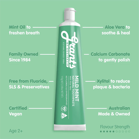 Green tube of Grants toothpaste with text on a green background.