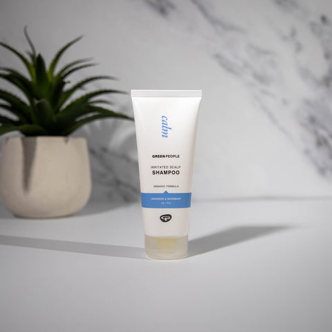Bottle of shampoo on a white surface with marble background wall and an aloe vera plant. 