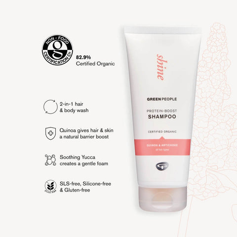 Infographic of Green People protein boost shampoo & shower wash 200ml. Soothing yucca for gentle foam. Quinoa to boost the skin & hair's natural barrier. 82.9% certified organic. 