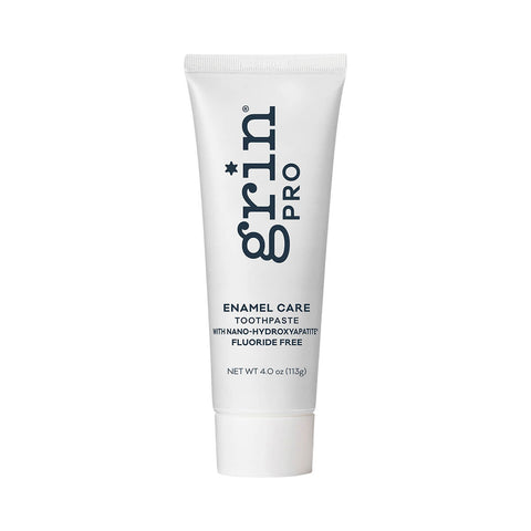 Front of 113g tube of Grin Pro Enamel Care Toothpaste with Nano-Hydroxyapatite, a natural, fluoride free toothpaste that supports healthy enamel condition.