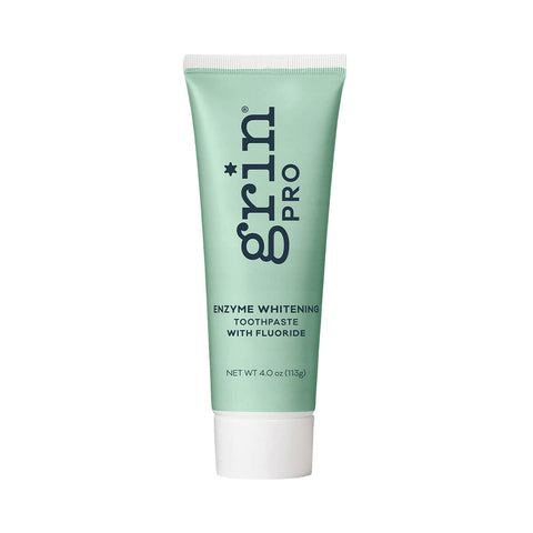 Front of 113g tube of Grin Pro Enzyme Whitening Toothpaste with Fluoride, a natural formula that removes stains, plaque, and freshens breath.