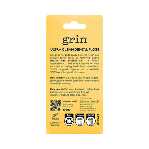 Back of 30m Grin Ultra Clean Coconut Oil Infused Floss, comes with 30m refill.