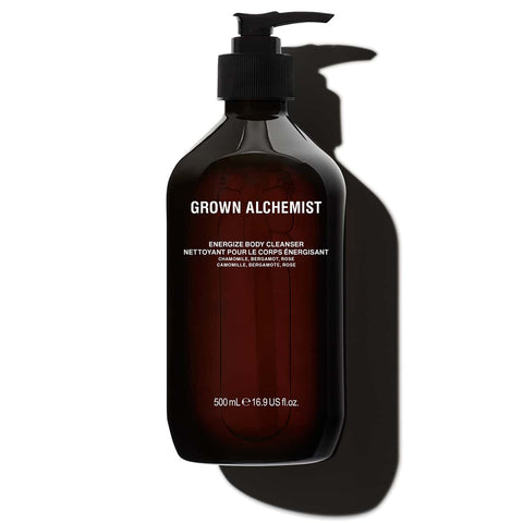 Grown Alchemist Energize Body Cleanser 500ml bottle on a white background with a shadow.